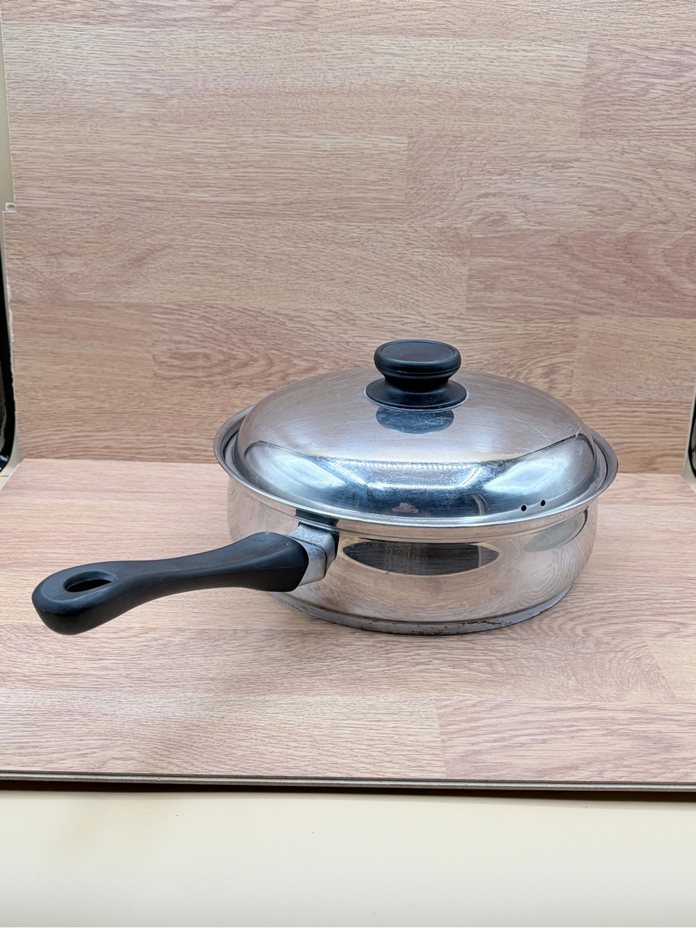 Vtg Belgique 9.5" Saucepan/Skillet With Lid 18-10 Stainless Black Handle Belgium